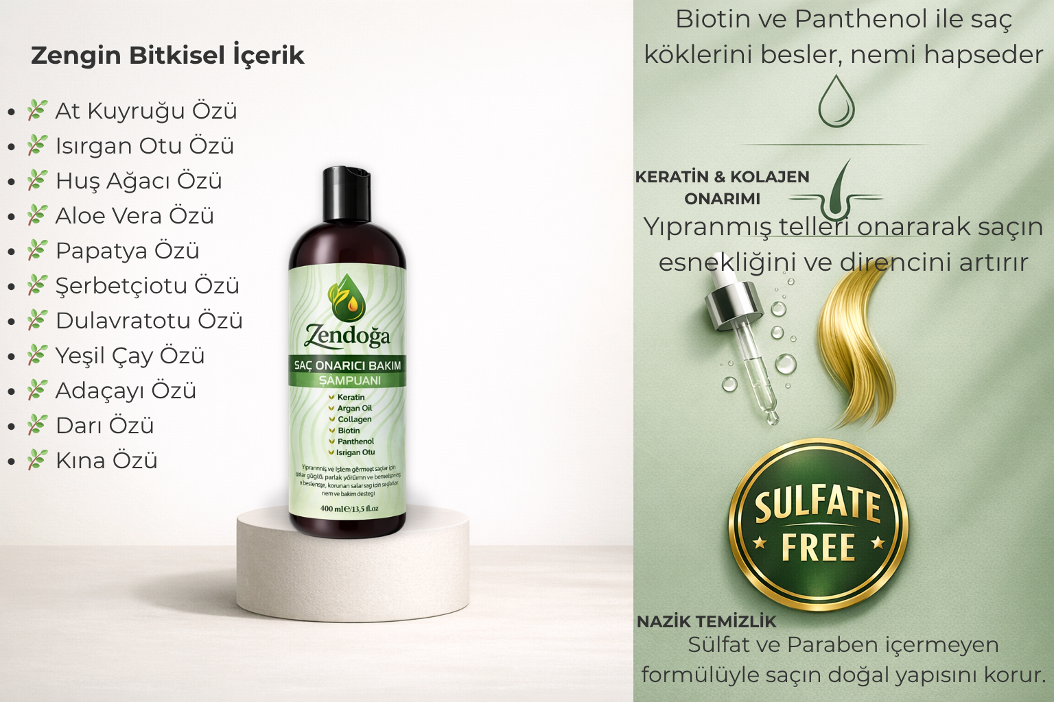 zendoğa yoğun keratin & kolajen kompleks onarıcı Şampuan doğal, sülfatsız & tuzsuz 400 ml